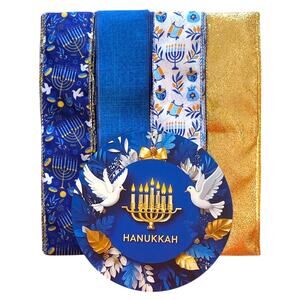 Hanukkah Ribbon & Sign Craft Bundle | Blue Gold Menorah Doves DIY Wreath Kit